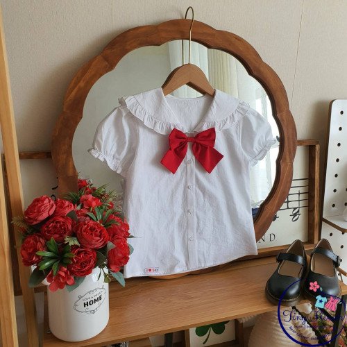 Áo sơ mi trắng cổ điệu nơ đỏ size 7-11-ÁO SƠ MI CỘC TAY BÉ GÁI